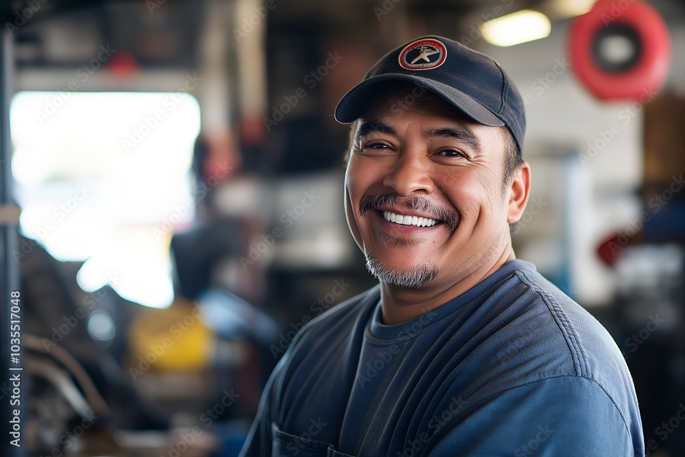 A smiling mechanic in a brightly lit auto repair shop, People photography A smiling mechanic in a brightly lit auto repair shop, People photography