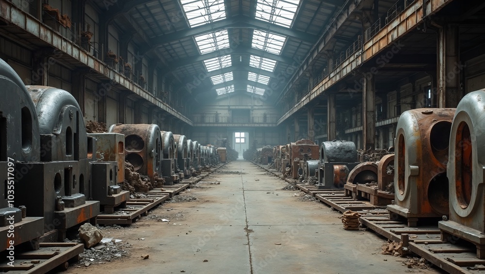 Industrial factory floor with metal molds and equipment ready for production in scrap metal piles Industrial factory floor with metal molds and equipment ready for production in scrap metal piles