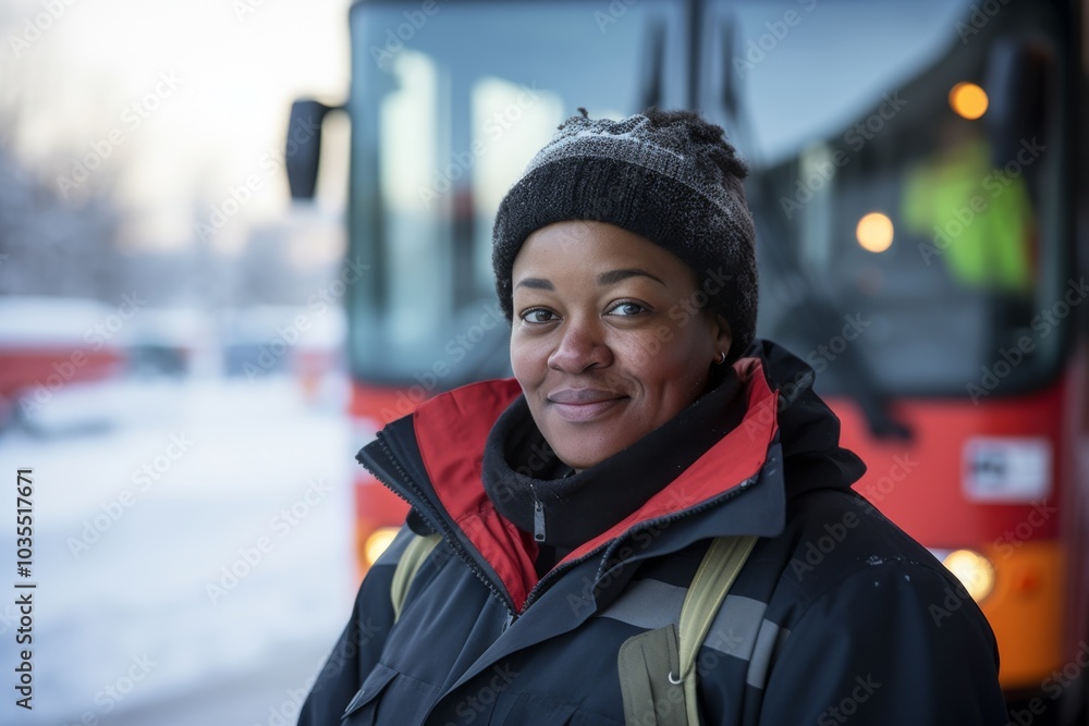 Portrait of a middle aged African American female bus driver during winter Portrait of a middle aged African American female bus driver during winter