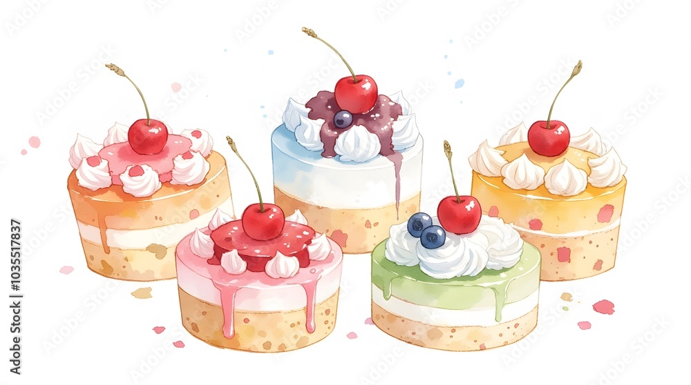 Five Delectable Mini Cakes, Watercolor Delight! Five Delectable Mini Cakes, Watercolor Delight!
