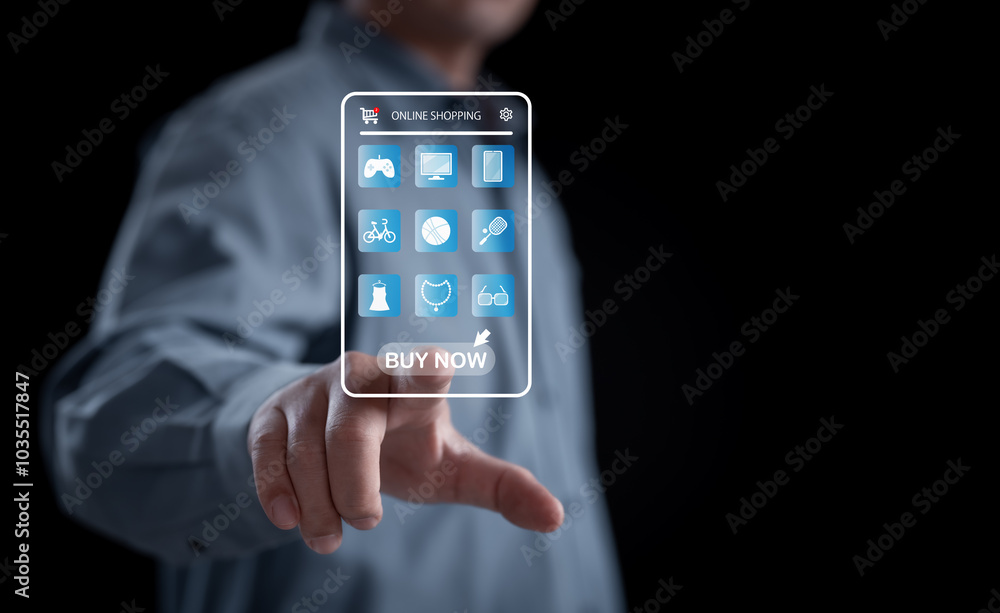A businessman uses a holographic online shopping with icons and 'Buy Now' button for e-commerce, digital retail, fast transactions, and efficient online purchasing in the modern digital marketplace. A businessman uses a holographic online shopping with icons and 'Buy Now' button for e-commerce, digital retail, fast transactions, and efficient online purchasing in the modern digital marketplace.