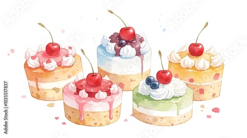 Five Delectable Mini Cakes, Watercolor Delight!