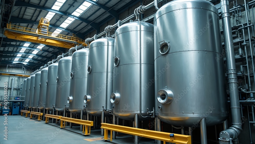 Industrial chemical processing plant with row of cylindrical metal tanks connected by pipes Industrial chemical processing plant with row of cylindrical metal tanks connected by pipes