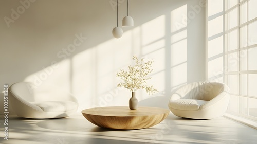 Minimalist living room with bright white walls, sunlight streaming through windows, mid-century modern furniture, round wooden coffee table, white curved armchairs, serene atmosphere.