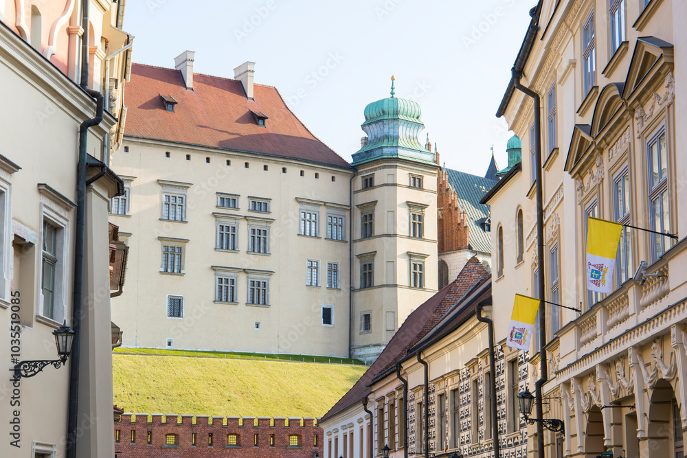 View of gothic facade of Wawel Cathedral in historic old town, Krakow, Poland. View of gothic facade of Wawel Cathedral in historic old town, Krakow, Poland.