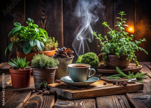 Rustic Coffee and Plants Arrangement on Wooden Table for Home Decor