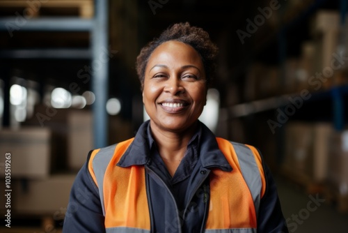 Portrait of a middle aged female forklift worker in warehouse