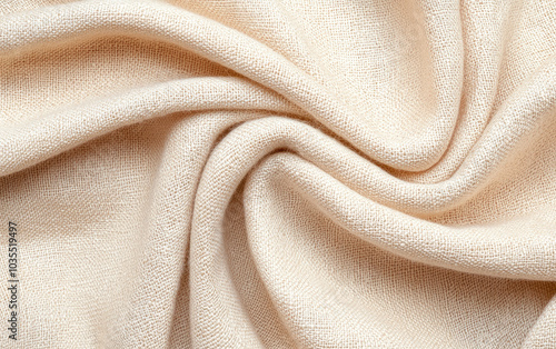 Close-up of soft, beige fabric with gentle folds and textures, white isolate background.