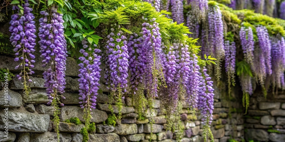 Obraz premium A single wisteria flower cascading down a stone wall with ivy and moss, flowers, ivy
