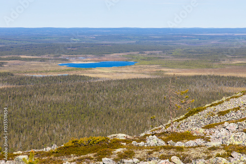 View of serene Finnish wilderness with forest and lake under a tranquil sky, Luosto, Finland. photo