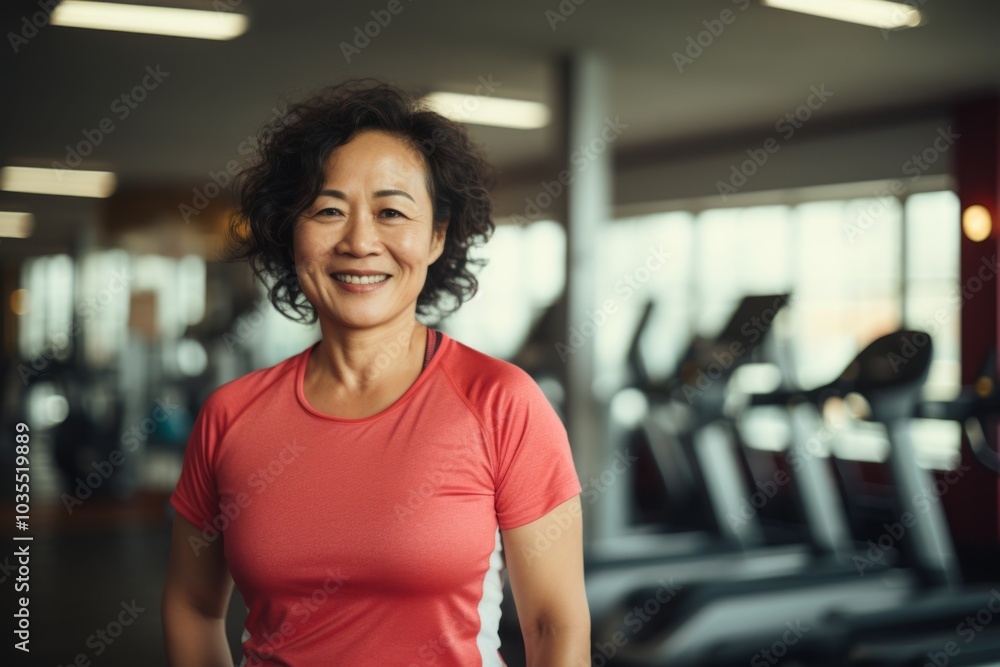 Smiling portrait of a middle aged slightly overweight woman in gym Smiling portrait of a middle aged slightly overweight woman in gym