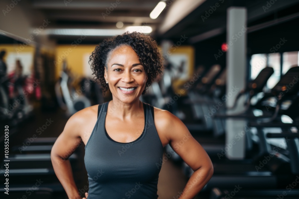 Smiling portrait of a middle aged slightly overweight woman in gym Smiling portrait of a middle aged slightly overweight woman in gym