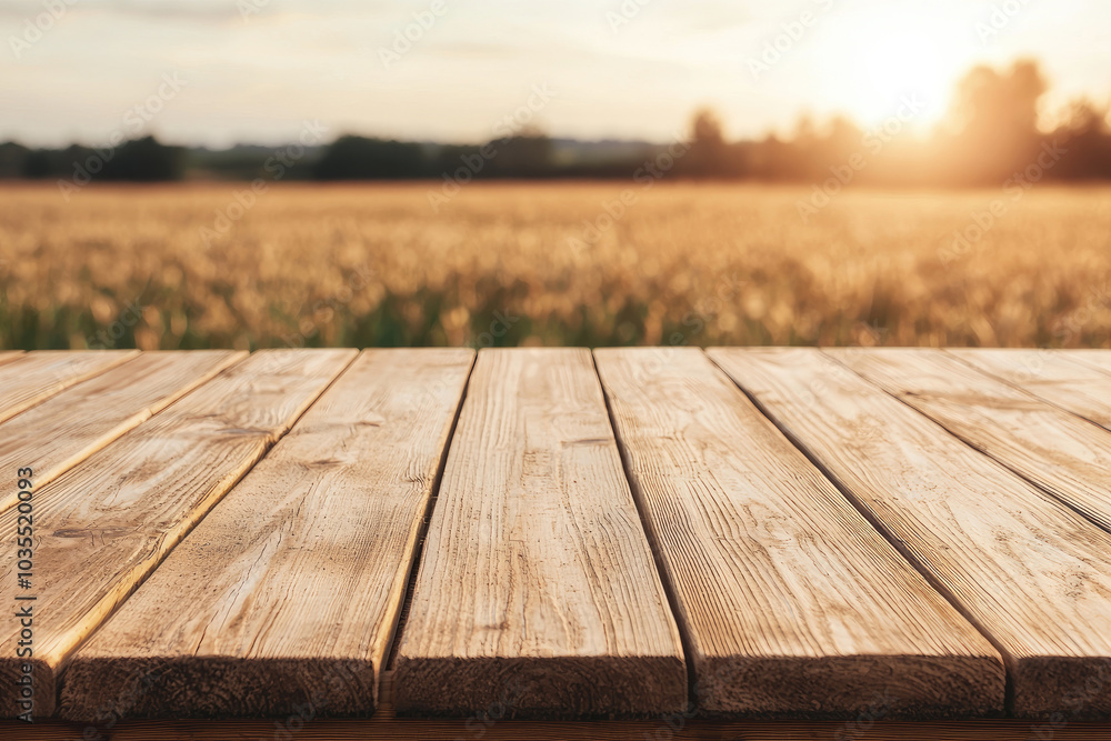 Wooden table surface with sunset and field backdrop, tranquil and inviting atmosphere. Wooden table surface with sunset and field backdrop, tranquil and inviting atmosphere.