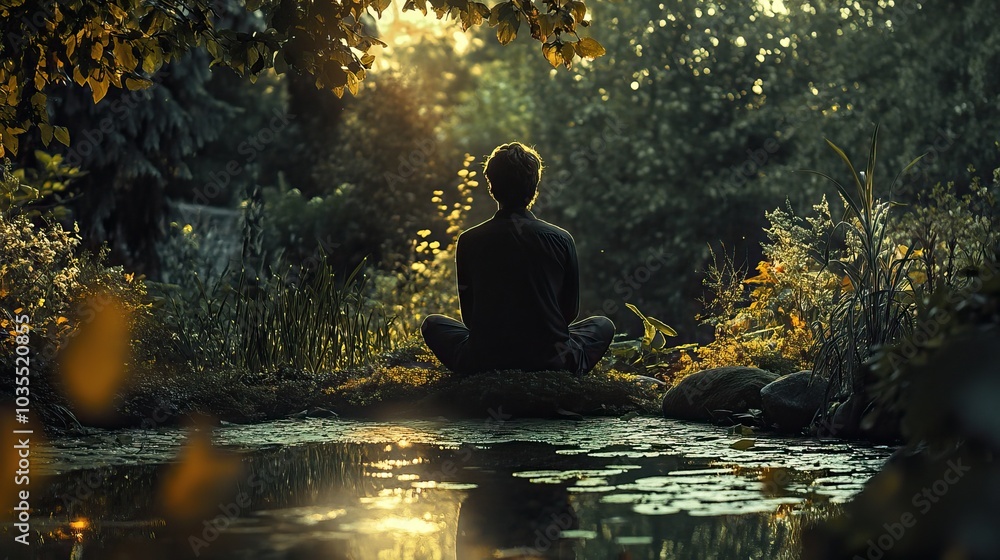 Man Contemplating Nature by a Pond Man Contemplating Nature by a Pond