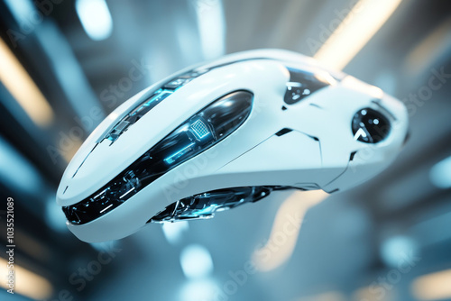 A white car with a futuristic design, gleaming under bright city lights, stands out against the urban backdrop. photo