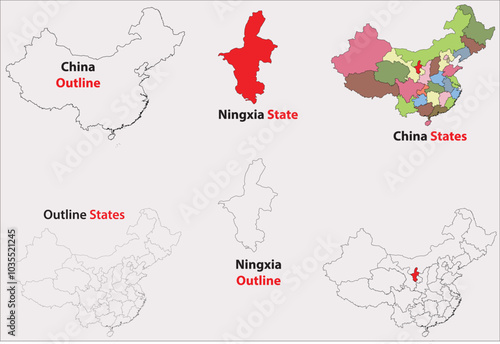 Ningxia map vector of China, Ningxia line map, Ningxia with city map, Ningxia outline map
