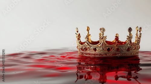 Royalty and Blood, a striking visual of a medieval crown symbolizing power and majesty, set against a stark white backdrop with vivid red liquid pooling beneath, evoking themes of conflict and legacy photo