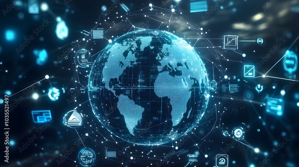 Tech devices and icons connected to digital planet earth. Tech devices and icons connected to digital planet earth.