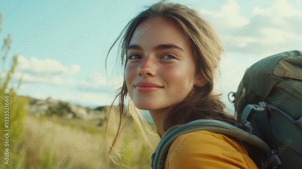 A vibrant close-up of a young woman with a backpack, enjoying the breathtaking view of a natural landscape. A vibrant close-up of a young woman with a backpack, enjoying the breathtaking view of a natural landscape.