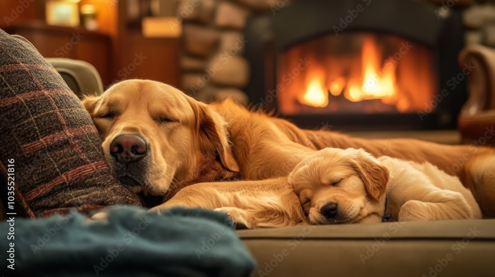 A funny big dog lounging comfortably on a couch, with a cute golden retriever puppy happily sleeping beside him. The cozy living room features a warm fireplace in the background, A funny big dog lounging comfortably on a couch, with a cute golden retriever puppy happily sleeping beside him. The cozy living room features a warm fireplace in the background,