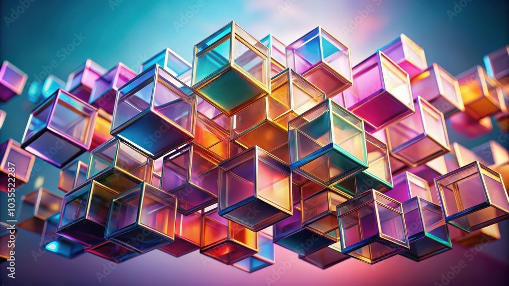 A vibrant abstract art composition featuring a cluster of colorful, transparent cubes with golden edges, arranged in a seemingly random yet balanced fashion against a gradient background. A vibrant abstract art composition featuring a cluster of colorful, transparent cubes with golden edges, arranged in a seemingly random yet balanced fashion against a gradient background.