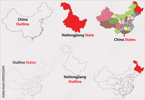Heilongjiang map vector of China, Heilongjiang line map, Heilongjiang with city map, Heilongjiang outline map