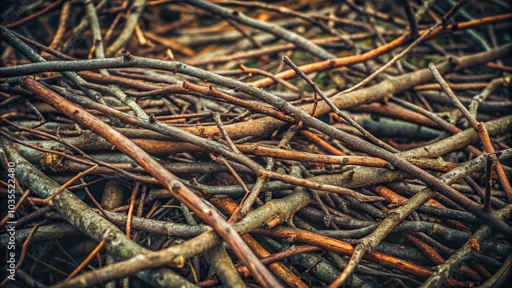 A dense thicket of branches and twigs with an intricate network of knots and cracks, showcasing a complex natural noise texture, forest, knot, foliage