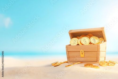 Tiny treasure chest filled with miniature gold coins, each representing a different currency, 3D illustration