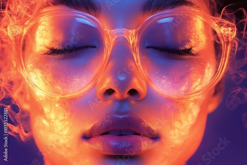 Close-up of a female model with glowing glasses and colorful lighting effects.