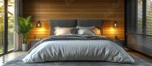 Modern bedroom with wooden wall, large bed, and gray rug.