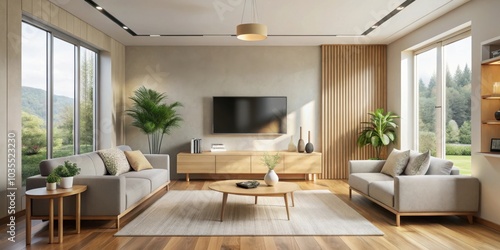 Wallpaper Mural A spacious living room with large windows overlooking a lush green landscape, featuring two comfortable sofas, a stylish coffee table, and a modern flat screen TV. Torontodigital.ca