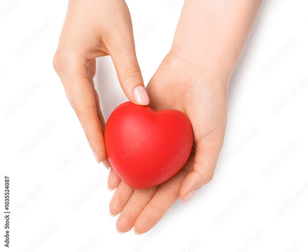 Woman with red decorative heart at white table, top view Woman with red decorative heart at white table, top view