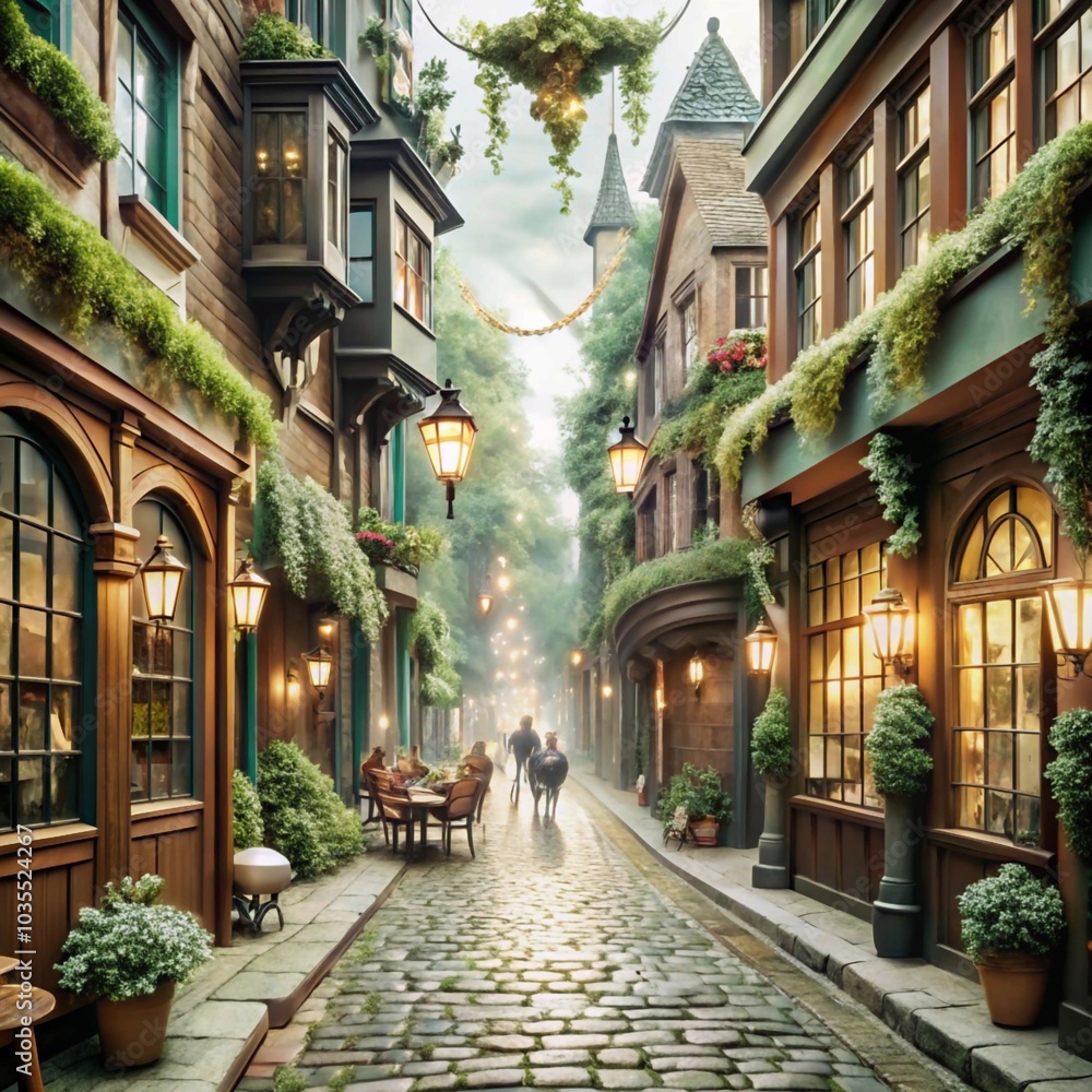 A digitally painted image of a charming, cobbled street in a European town. The street is lined with old buildings. A digitally painted image of a charming, cobbled street in a European town. The street is lined with old buildings.