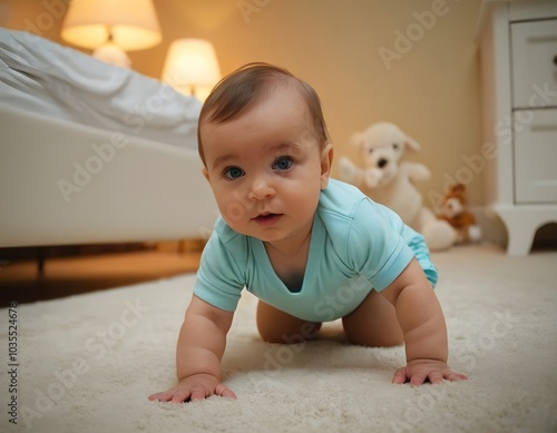baby child playing and crawling on the carpet in the room