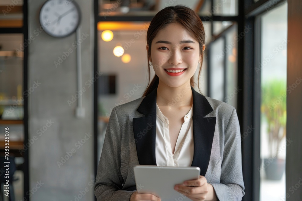 Happy young Asian saleswoman looking at camera welcoming client. Smiling woman executive manager, secretary offering professional business services holding digital tablet standing in office. Portrait Happy young Asian saleswoman looking at camera welcoming client. Smiling woman executive manager, secretary offering professional business services holding digital tablet standing in office. Portrait
