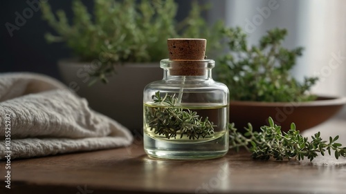 Isolated thyme essential oil bottle in clear glass creating a tranquil setting, complemented by vibrant colors, fresh herbs, and soft fabrics under gentle light