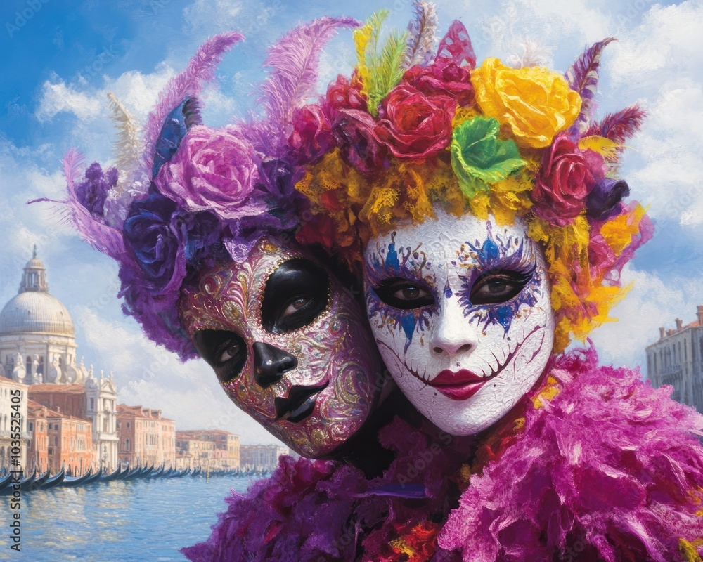 A vibrant celebration featuring two masked individuals adorned with colorful flowers and intricate face paint, set against a scenic waterfront.