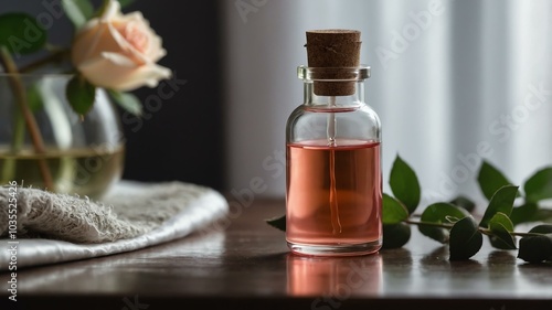 Isolated rose essential oil bottle in clear glass creating a tranquil setting, complemented by vibrant colors, fresh herbs, and soft fabrics under gentle light