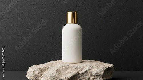 Elegant white bottle with gold cap on a natural stone against a dark background.