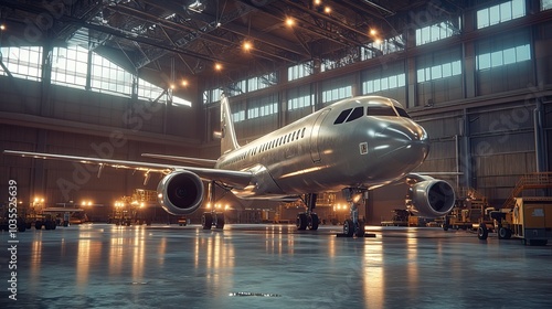 Airplane in Hangar with Industrial Lighting