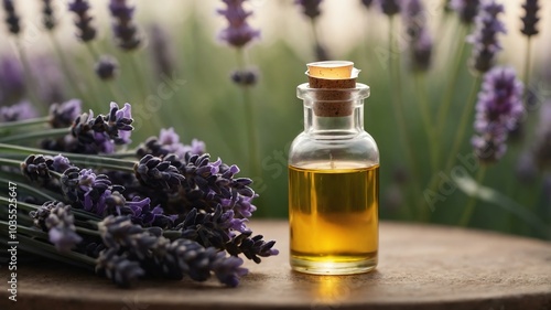 Isolated lavender essential oil bottle in clear glass creating a tranquil setting, complemented by vibrant colors, fresh herbs, and soft fabrics under gentle light