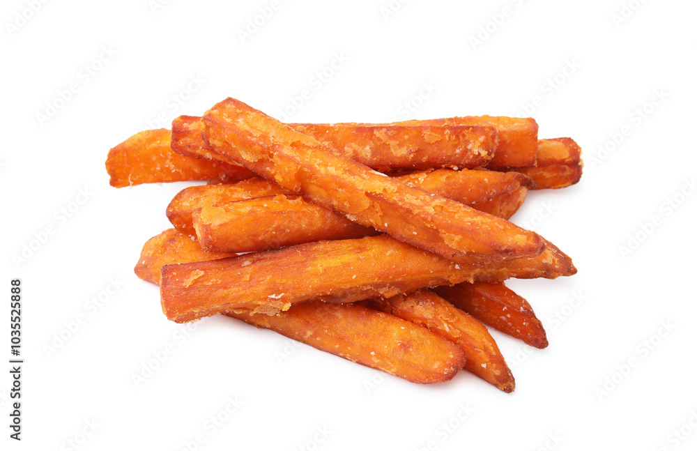 Delicious sweet potato fries isolated on white Delicious sweet potato fries isolated on white