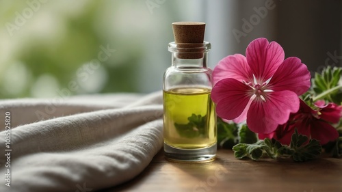 Isolated geranium essential oil bottle in clear glass creating a tranquil setting, complemented by vibrant colors, fresh herbs, and soft fabrics under gentle light