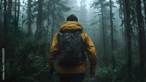 Man Hiking in Foggy Forest with Backpack