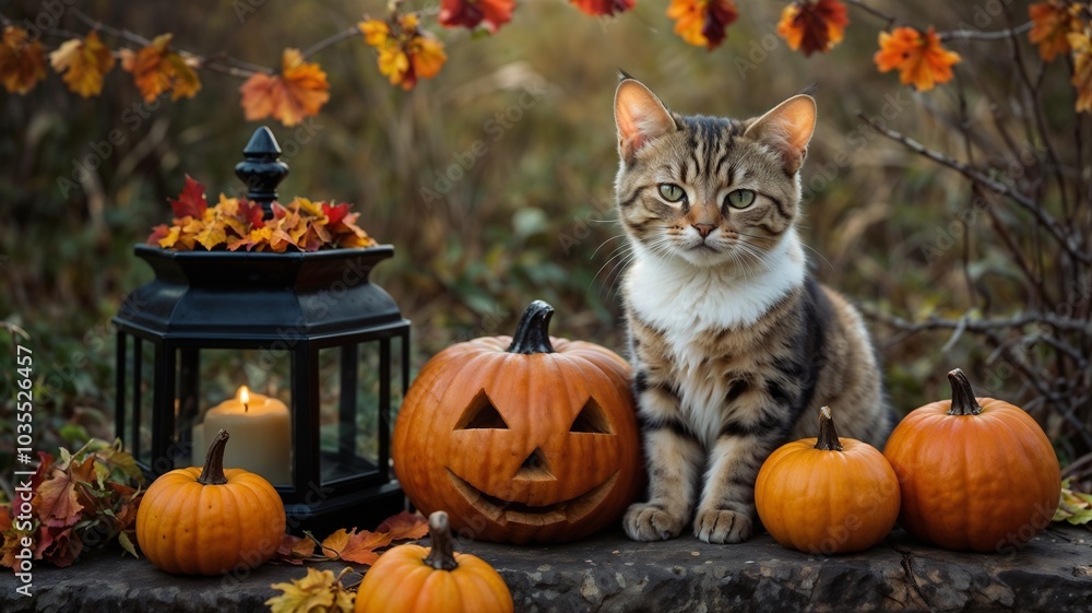 A cat with Halloween decorations created with Generative AI technology. A cat with Halloween decorations created with Generative AI technology.