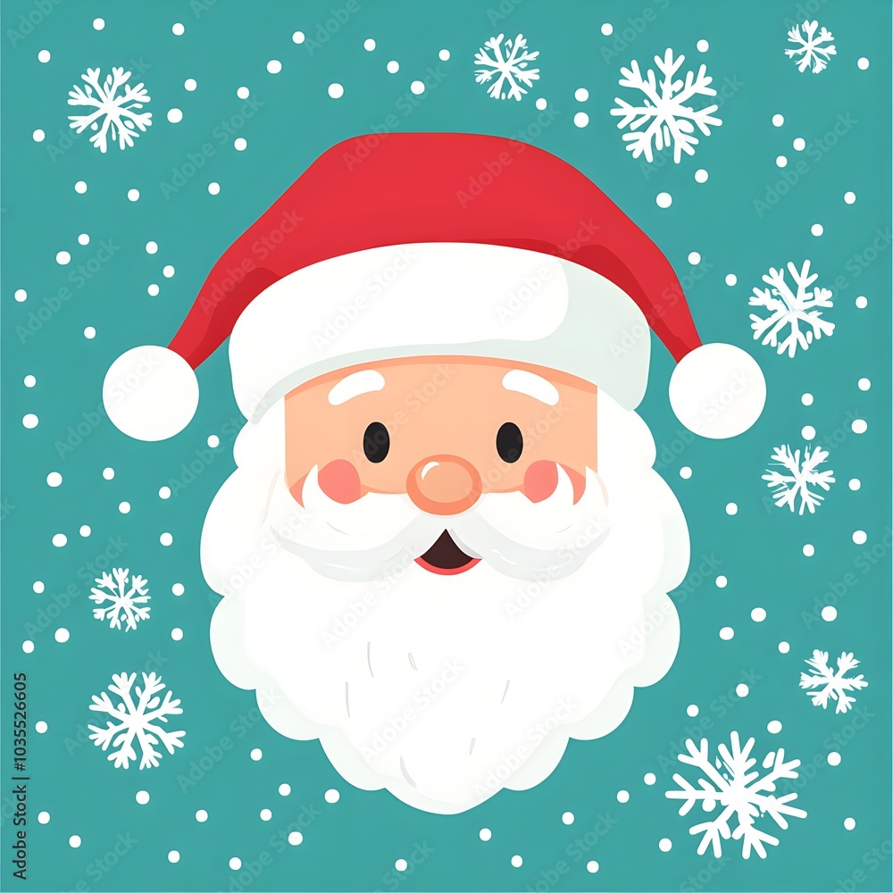 Santa Claus Face with Snowflakes on Teal Background Santa Claus Face with Snowflakes on Teal Background