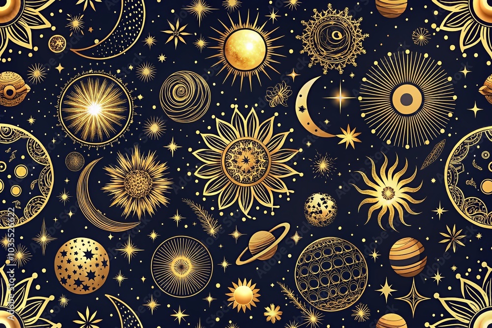 Seamless Night Sky Pattern with Sun, Moon, and Planets - Vector Illustration for Cosmic Designs Seamless Night Sky Pattern with Sun, Moon, and Planets - Vector Illustration for Cosmic Designs