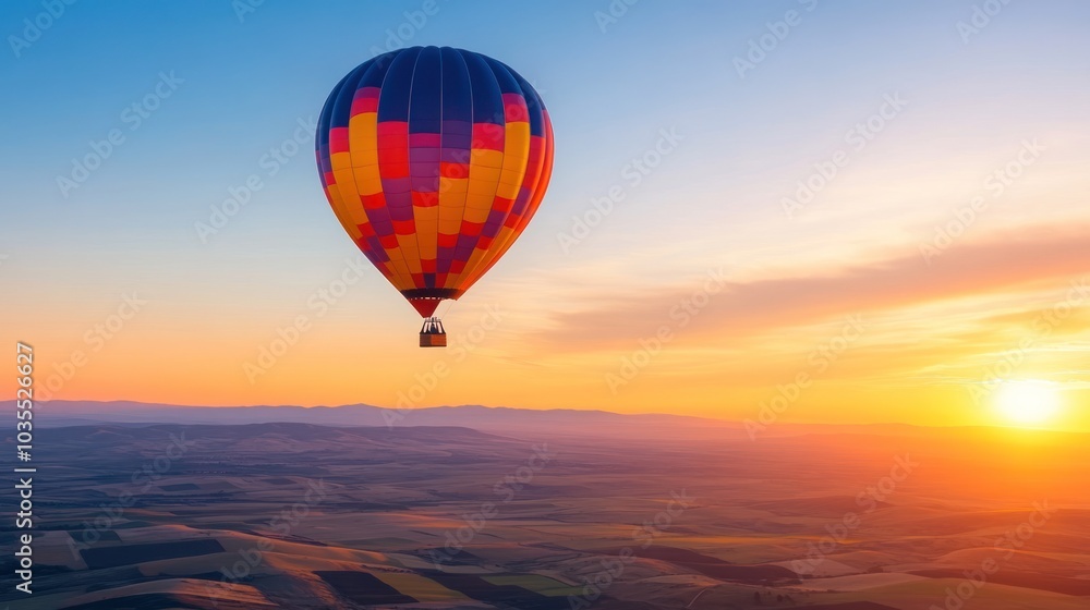 Fototapeta premium A colorful hot air balloon floats above rolling hills during a vibrant sunset, creating a picturesque scene of tranquility and adventure.