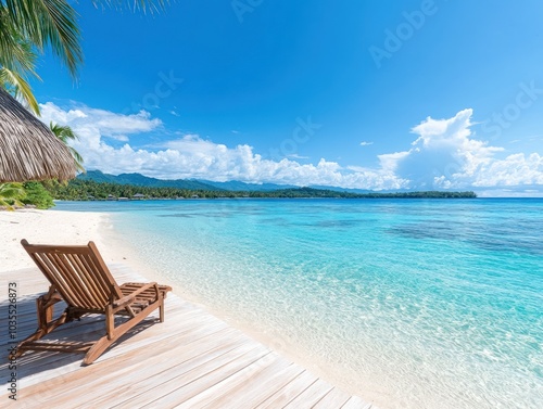 A tranquil beach scene featuring a wooden lounge chair on the shoreline with crystal-clear turquoise water and a bright, sunny sky.