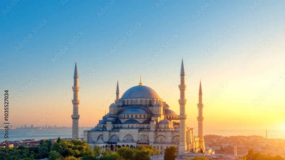 Fototapeta premium A stunning sunset highlights the intricate architecture of a mosque with soaring minarets against a clear sky.